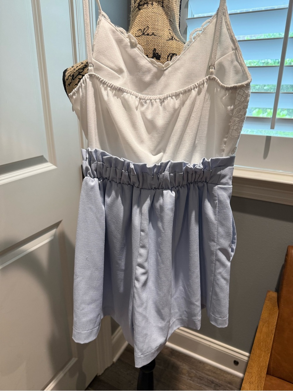 the clothing company White Lace Bodice Light Blue Tie-Waist Romper w/Pockets - Picture 6 of 6